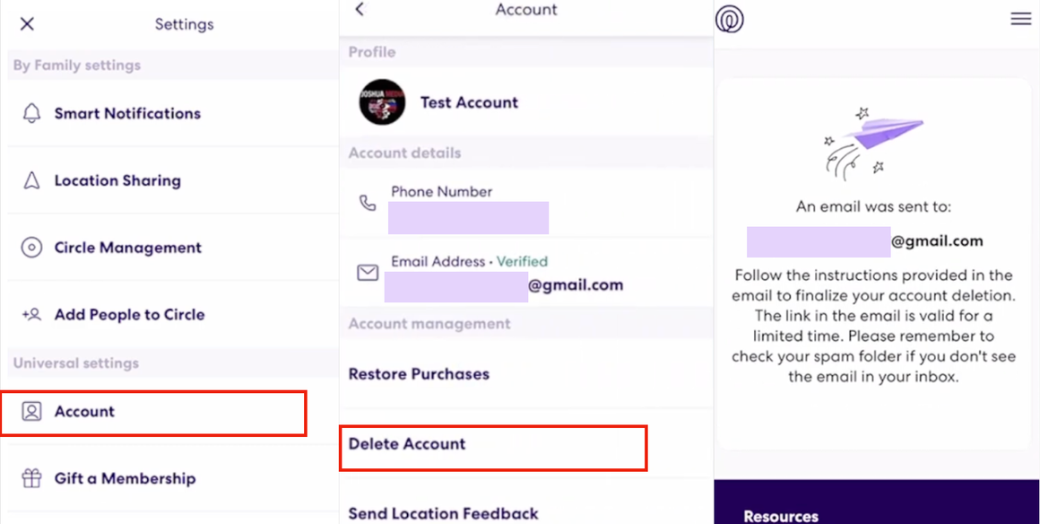 Delete Life360 account: Life360 Settings, Account, and Delete Account screen — delete life360 still tracked guide