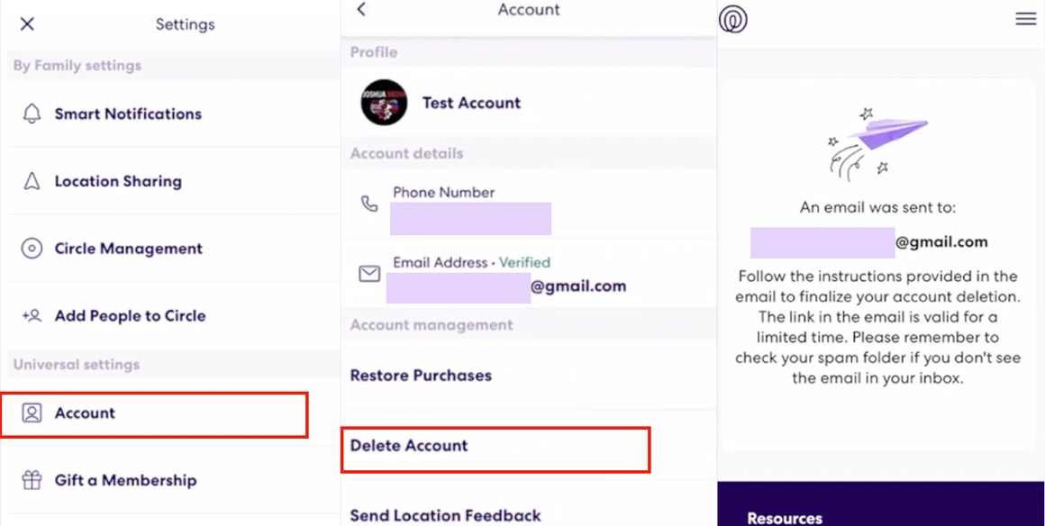Life360 Settings screen showing the Delete Account option