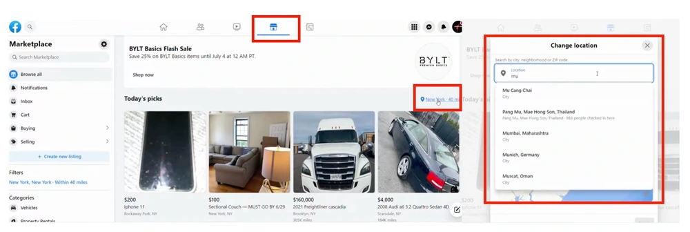 Facebook Web Marketplace Location Filter Settings Interface