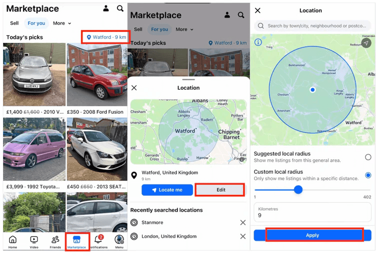 Interface for setting the city, ZIP code, and search radius on the iPhone