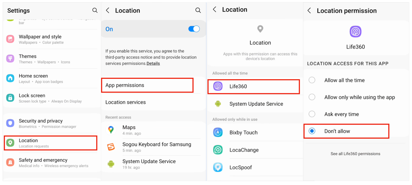 Android interface for disabling Life360 location permissions