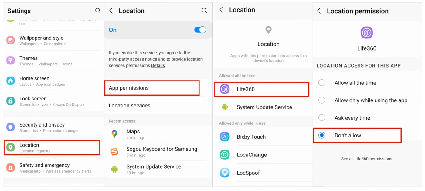 Android interface for disabling Life360 location permissions