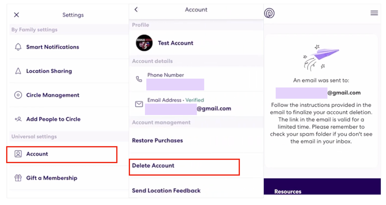 Life360 account deletion interface