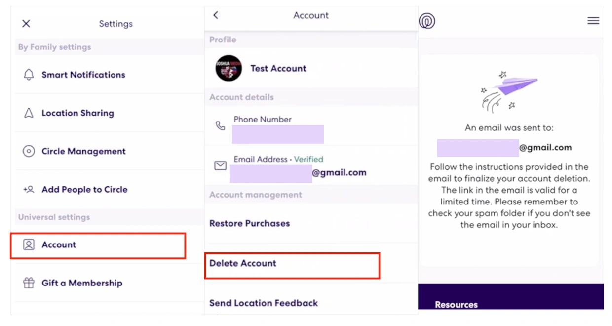 Life360 account deletion interface