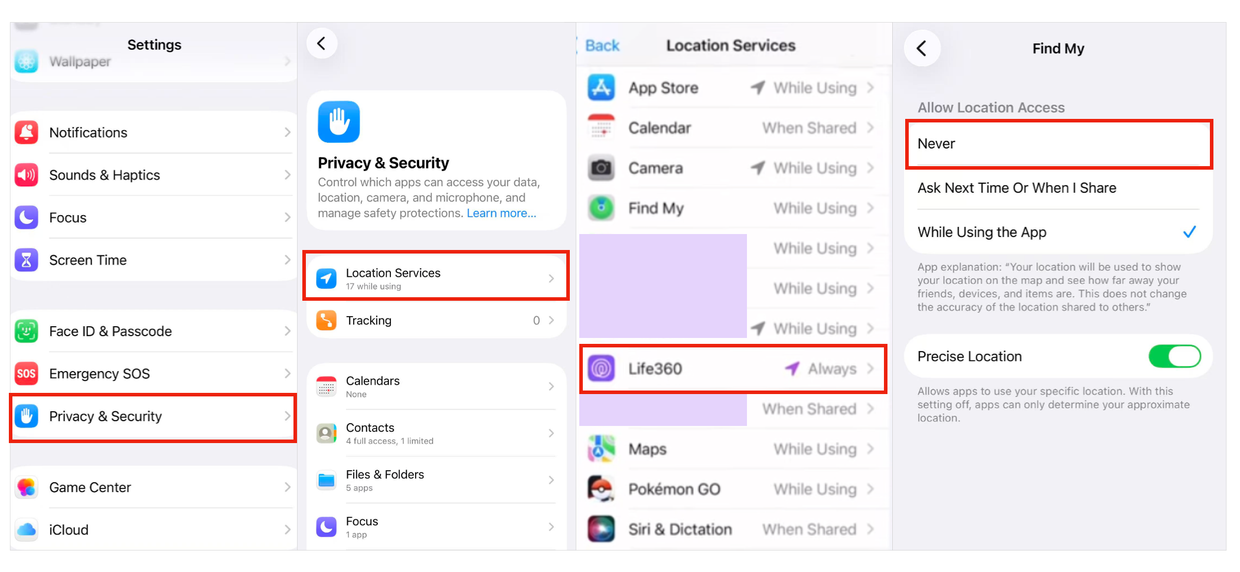 Screen for disabling Life360 location permissions on an iPhone
