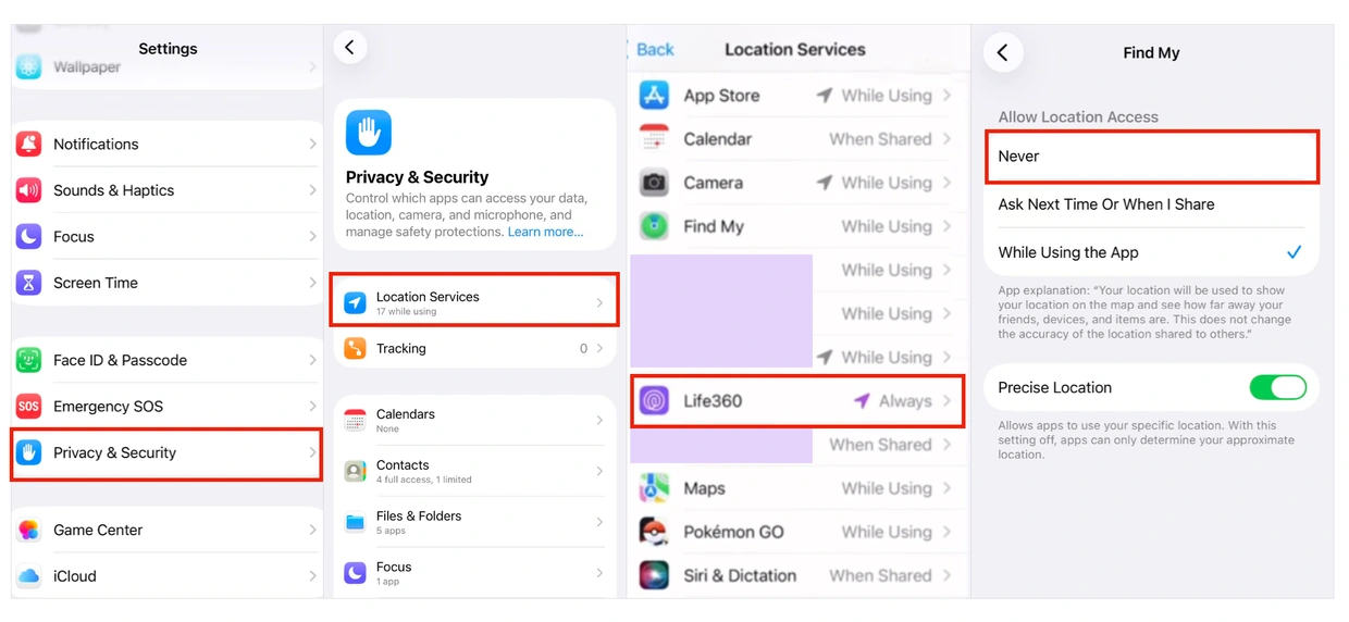 Screen for disabling Life360 location permissions on an iPhone