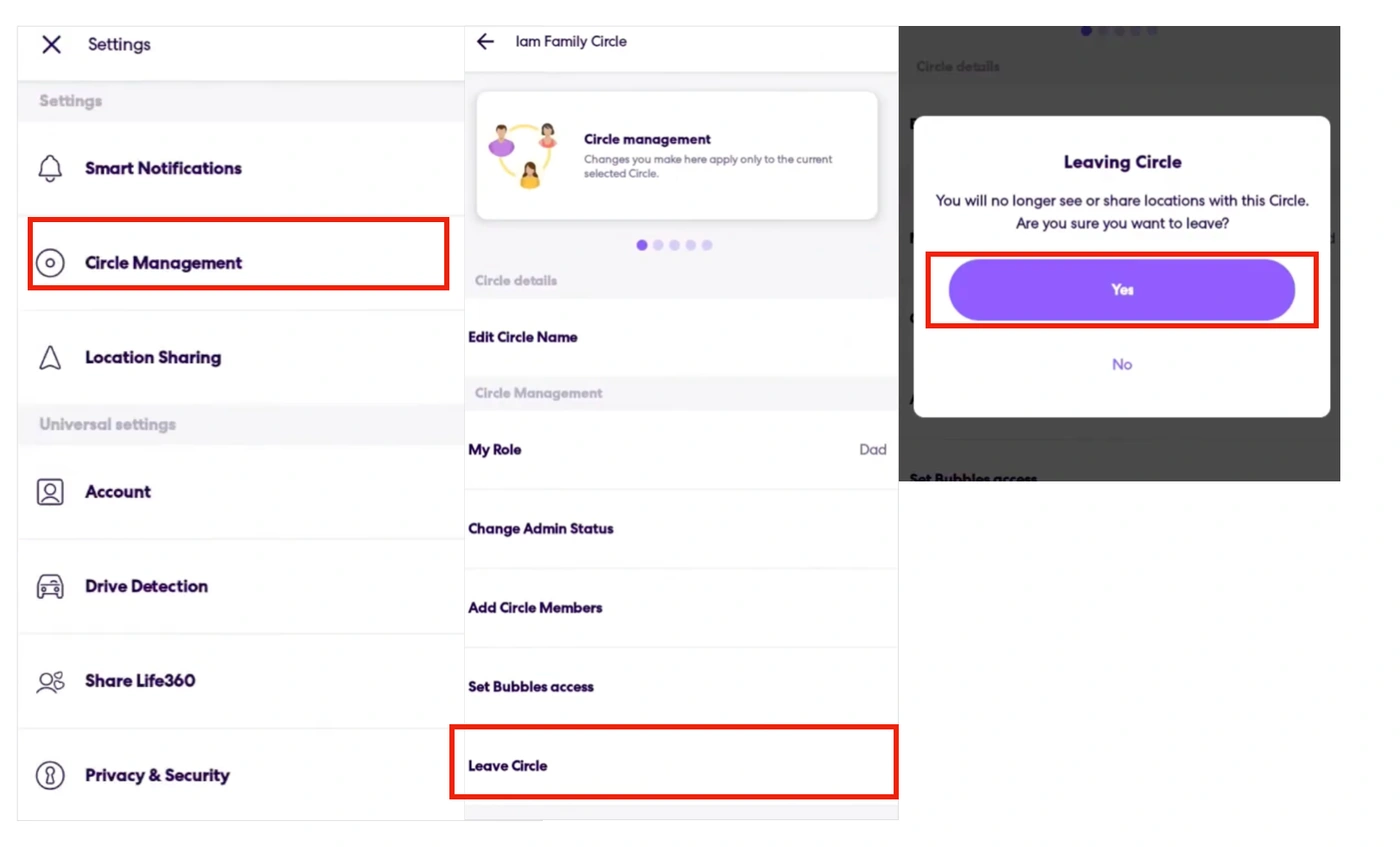 Life360 interface for leaving a Circle