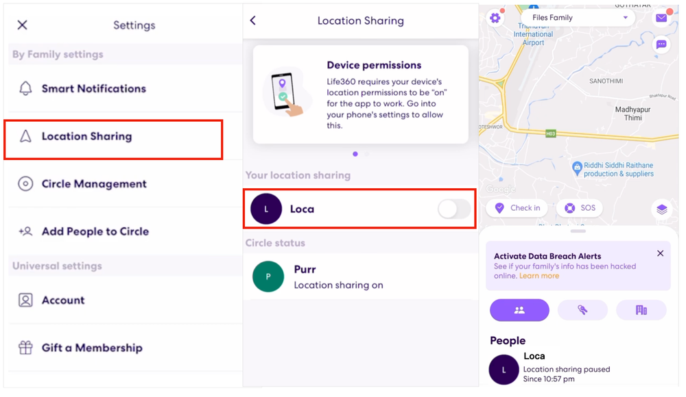 Life360 interface showing the Location Sharing toggle turned off
