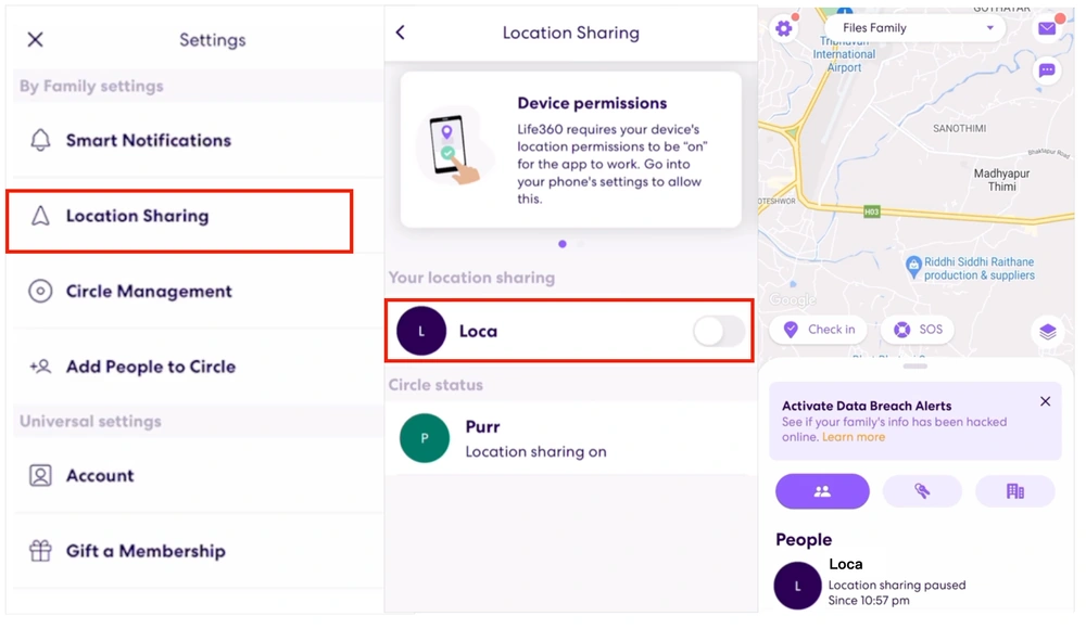 Life360 interface showing the Location Sharing toggle turned off