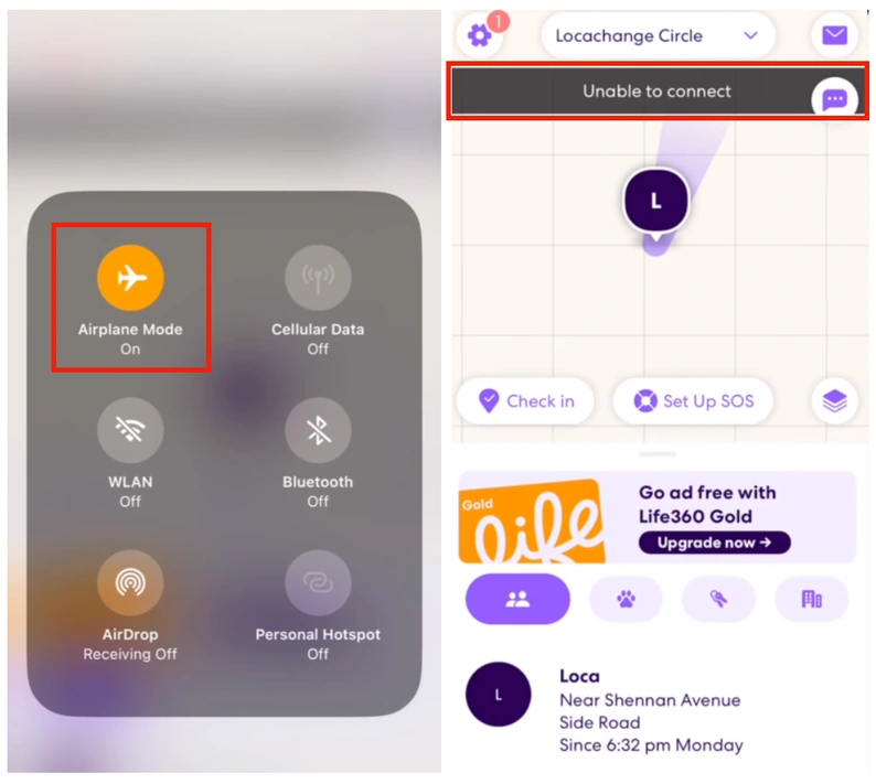 Enabling Airplane Mode prevents Life360 from updating your location; "Airplane mode: Unable to connect"